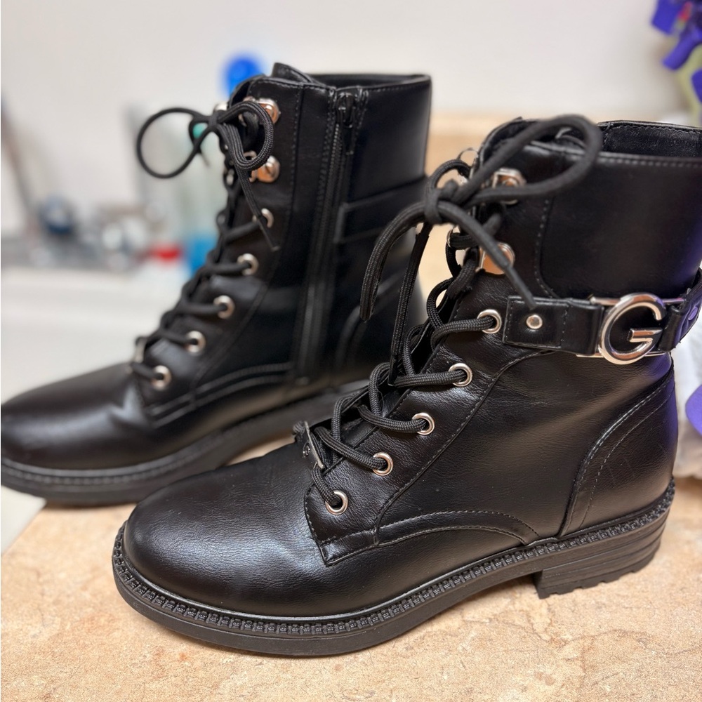 Guess Black Lace-Up Combat Boots with Side Zip